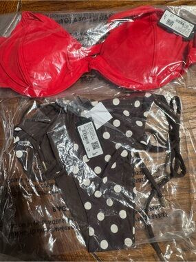 Garage Red Bikini Top with Brown Polka Dot Bottom